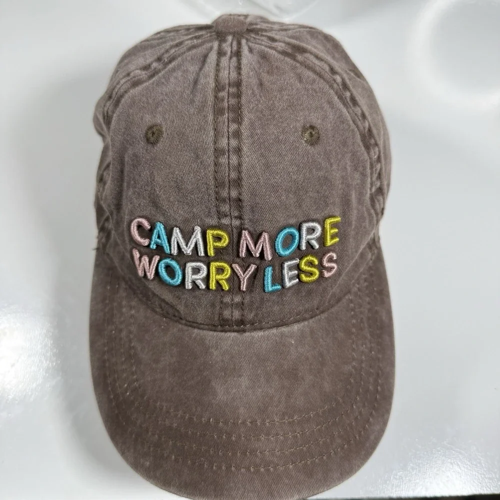 Time and Tru Brown Washed Cotton Camp More Worry Less Baseball Hat Adjustable